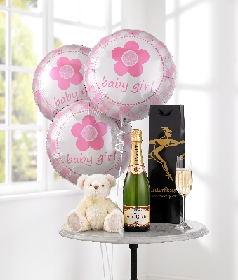 Celebratory Champagne, Baby Girl Balloons & Teddy Bear**