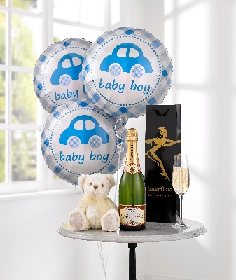 Celebratory Champagne, Baby Boy Balloons & Teddy Bear**