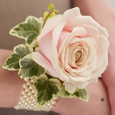 Soft Pink Rose and Pearl Wrist Corsage