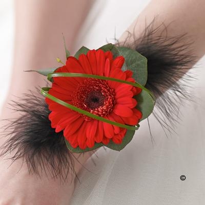 Red Germini and Feather Wrist Corsage
