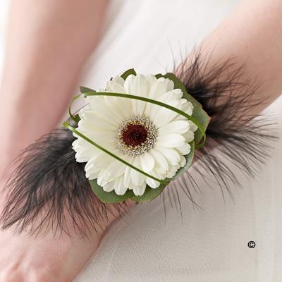 White Germini and Feather Wrist Corsage