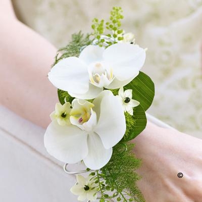White Orchid and Fern Wrist Corsage
