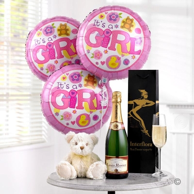 Celebratory Champagne, Baby Girl Balloons and Teddy
