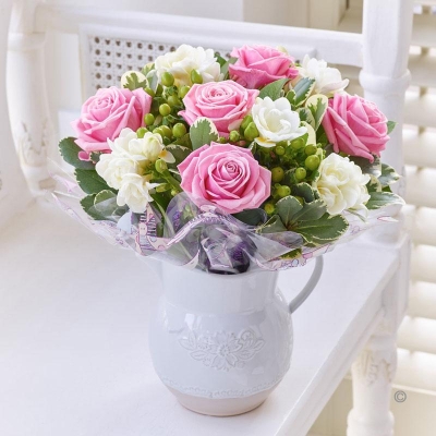 Baby Fragrant Pink Rose and Freesia Jug