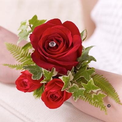 Red Rose and Fern Wrist Corsage