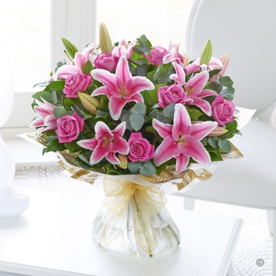 Pink Rose and Lily Sympathy Hand tied