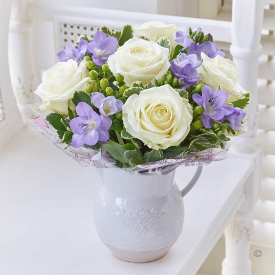 Fragrant White Rose and Freesia Jug with Bailey Bear