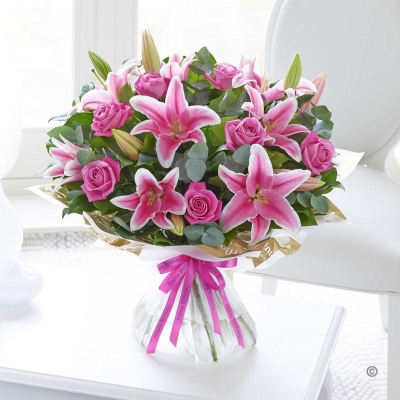 Happy Birthday Pink Rose and Lily Hand tied with Happy Birthday Balloon
