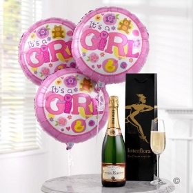 Celebratory Champagne and Baby Girl Balloons