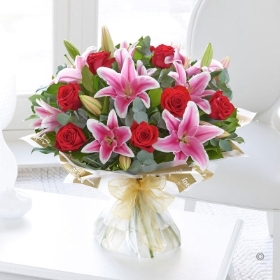 Red Rose and Pink Lily Hand tied With 140g Maison Fougere Chocolates Truffles
