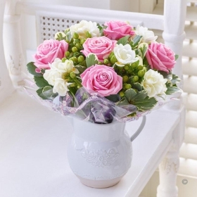 Fragrant Pink Rose and Freesia Jug with Bailey Bear
