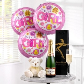 Celebratory Champagne, Baby Girl Balloons & Teddy Bear