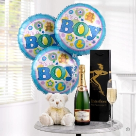 Celebratory Champagne, Baby Boy Balloons and Teddy Bear