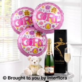 Celebratory Champagne, Baby Girl Balloons &  Teddy Bear