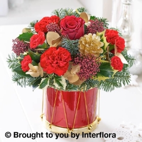 Festive Floral Drum with 180g Maison Fougere Belgian Chocolate Dessert Selection