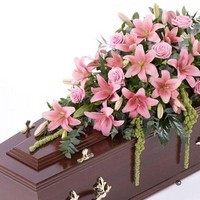 e. Casket Spray of Lilies and Roses in Pink