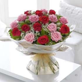Pink and Red Roses in a Hand Tied Bouquet